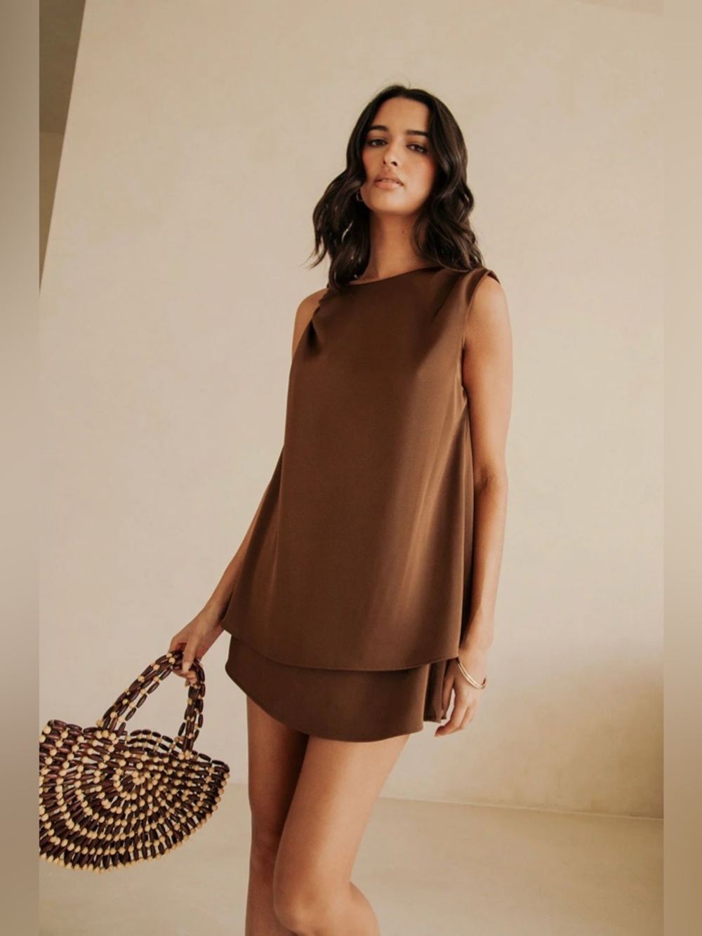 Sabo NWT Genoa Asymmetrical Mini Dress Chocolate Brown Trendy Women Size XL